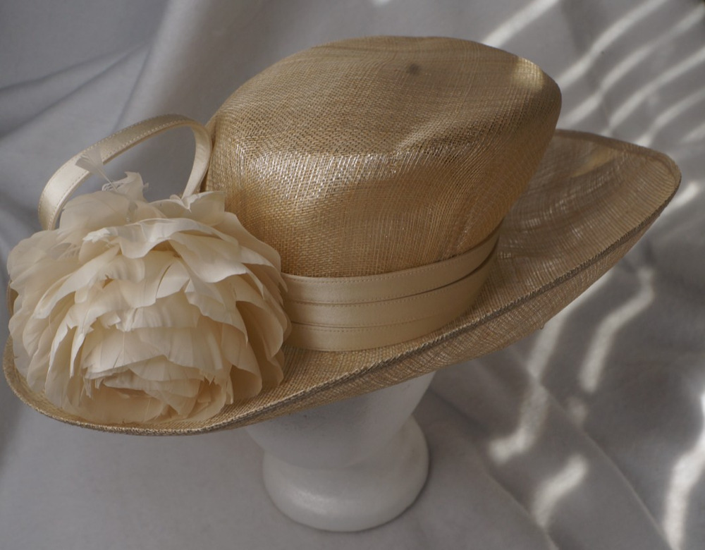Authentic Philip Treacy Designer Formal Hat Metallic Gold Cream Rose Detail